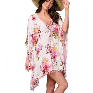 Boutique Women's Short Sleeve V-Neck Pink Floral Kaftan Short Dress